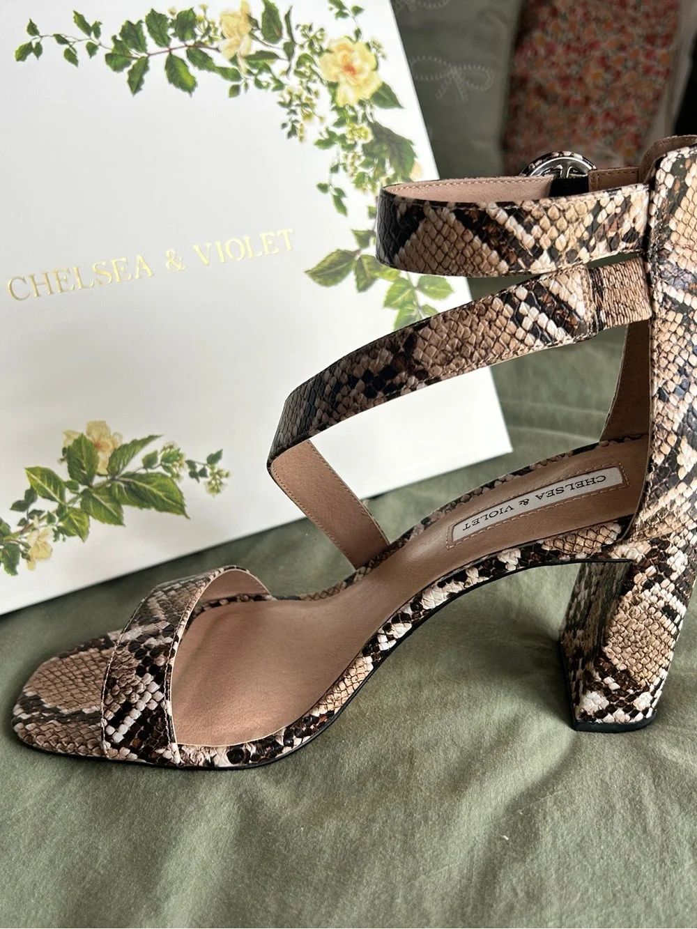 Chelsea & Violet Snake-Print Strappy Block Heel Sandals in Tan and Brown